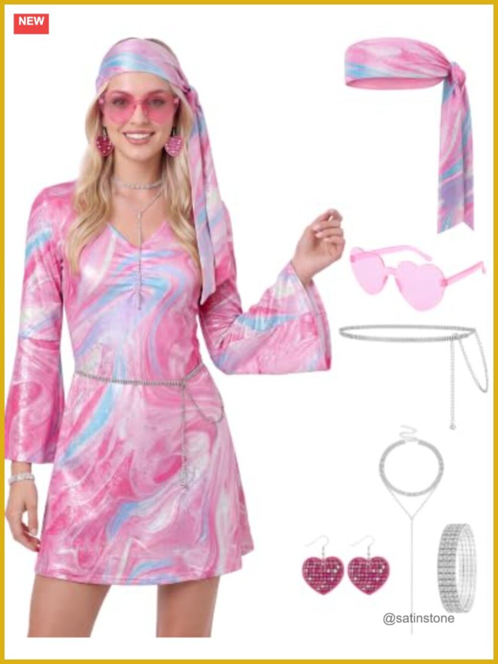 7 Piece Disco Costume Set 70s Halloween Party Dress & Accessories